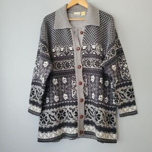 Newport News Gray Black Floral Button Up Longer Length Cardigan Sweater Womens L